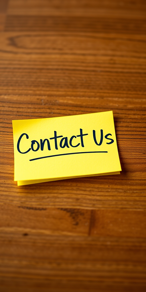 Create an image of a bright yellow sticky note with the words "Contact Us" written in a bold, handwritten font, using a DSLR camera at f/2.8 aperture, ISO 100, 50mm lens, in natural light with a shallow depth of field.