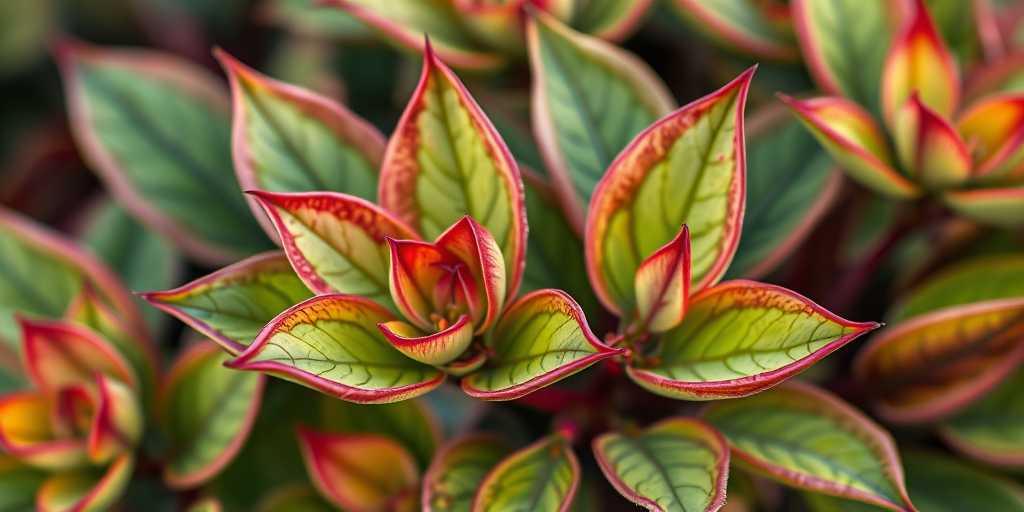 high-resolution illustration of green leaves with red tips, macro view, natural lighting, DSLR camera, f/2.8 aperture, 50mm lens, ISO 100, soft focus background, vibrant colors