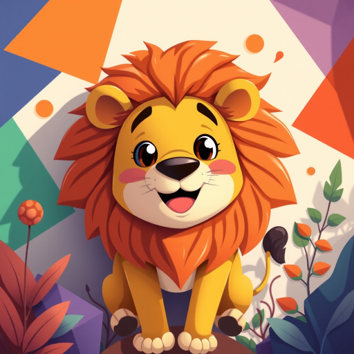 Create a vibrant illustration of a cartoon lion with a friendly expression, surrounded by abstract geometric shapes and plants, using a DSLR camera with a 50mm lens, f/2.8 aperture, 1/125 sec shutter speed, natural light, top-down view, and realistic textures for enhanced image quality.