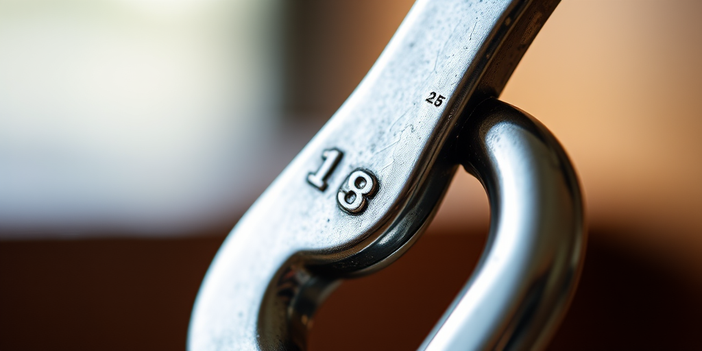 close-up shot of a shiny metal hook with engraved markings, shallow depth of field, f/2.8 aperture, ISO 100, 50mm lens, natural light, studio lighting setup