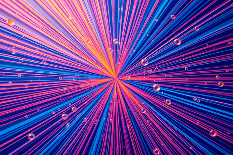 create an abstract image of blue and orange lines radiating outward from a central point with circular bubbles scattered throughout, captured using a DSLR camera, 50mm lens, f/2.8 aperture, ISO 100, top-down view, vibrant colors and high contrast for enhanced quality