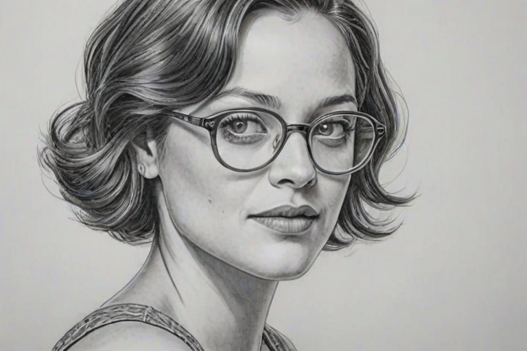 Radiant Marion Cotillard, pencil sketch, portrait of Attractive woman 1955s in glasses, hair style beatnik, outline, clear lines, fine lines, 8k