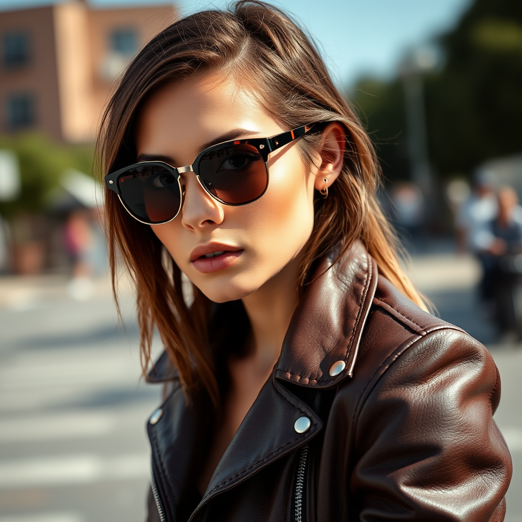 Outdoor shot, stunning female model, vintage leather jacket, sunglasses, cinematic effect, Position the camera at the model’s eye level using a 35mm f/1.4 lens