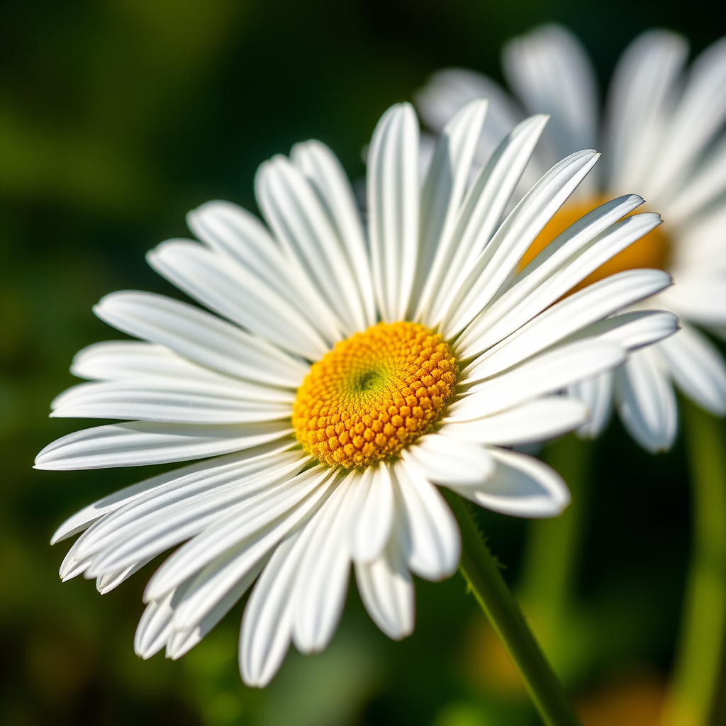 Create a high-resolution image of a daisy flower with white petals and a yellow center, captured with a DSLR camera at f/2.8 aperture, 50mm lens, natural light setting, and a shallow depth of field for enhanced detail.