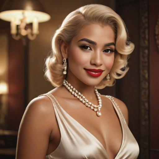 A beautiful taino woman reminiscent of 1950s Hollywood glamour, with perfectly styled blonde hair and a seductive smile, dressed in a satin blouse and adorned with pearls, soft and warm tones, photorealistic, 8K