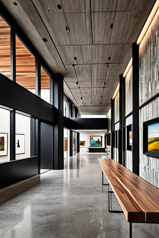Interior renders of a spacious art gallery made with concrete walls and ...