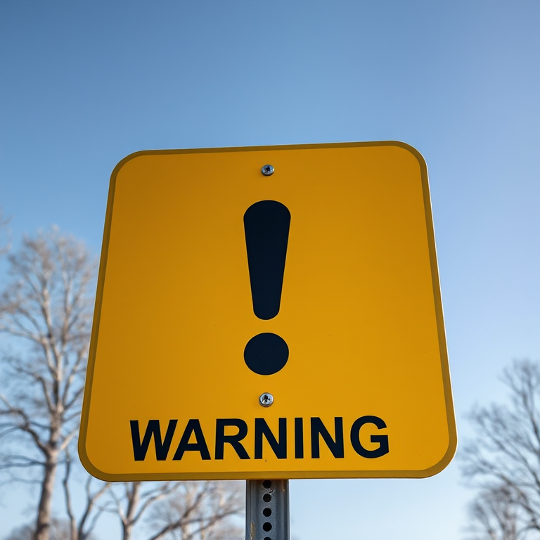 Create an image of a large yellow warning sign featuring an exclamation mark in the center, captured with a Canon EOS R5, 50mm lens, aperture f/2.8, ISO 100, in a bright outdoor setting, with a focus on sharp details and vibrant colors.