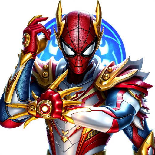 A high-budget, anime-style wallpaper featuring Spiderman in an epic White, blue red Kirin armor. Golden dragon gloves, the gloves is in the shape of dragon heads, Golden dragon head gloves, White glossy eyes, The armor is designed with metallic details that reflect light, showcasing intricate Kirin motifs. Spiderman's armor is a striking gradient of blue, red and white, with Colorful galaxy inner sections, making it look both powerful and sleek. The background is flat white, with Kirin-shaped blue-violet glowing rune relic to give the impression power, striking pose, the Kirin's armor is dominantly in white, with some details in blue and red, Cinematic anime action scene, cinematic action pose, medium shot action portrait, dramatic effect of shadow and light.