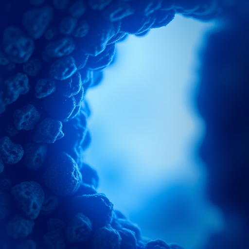 macro shot of abstract blue porous structure with fine details and depth, captured with a Canon EOS R5 at f/8, ISO 100, 1/125 sec, using a 100mm macro lens, emphasize texture and shadows, soft focus background for enhanced depth.