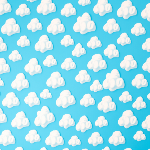Create a vibrant children's room wallpaper design featuring a bright blue background with various white fluffy clouds scattered evenly across the surface, shot with a Canon EOS R5 at f/4, 1/60 sec, ISO 100, using a wide-angle lens to capture the full pattern in bright, even lighting.