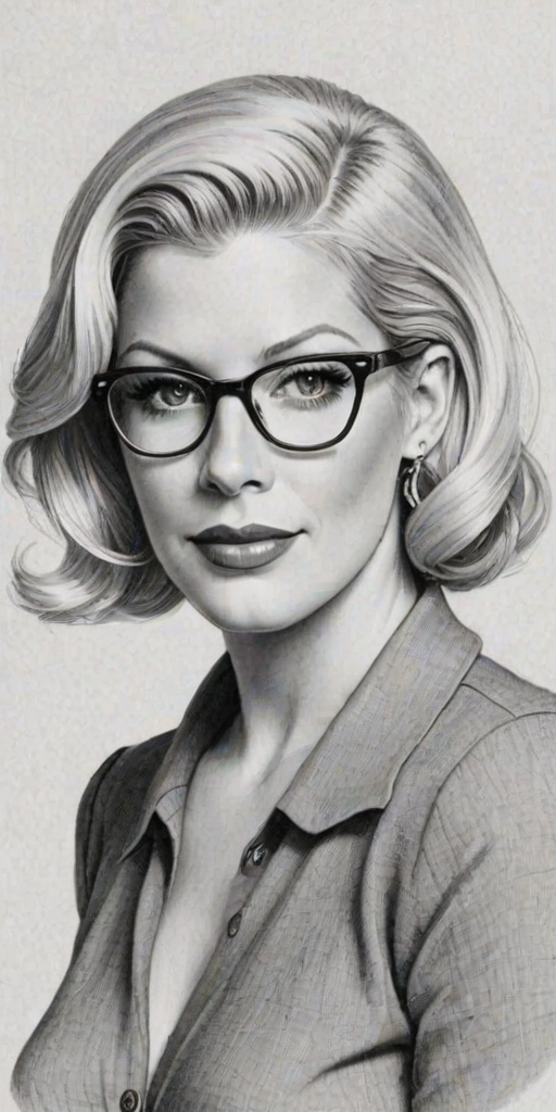 Captivating Tori Spelling, pencil sketch, portrait of Exquisite woman 1940s in glasses, hair style beatnik, outline, clear lines, fine lines, 8k