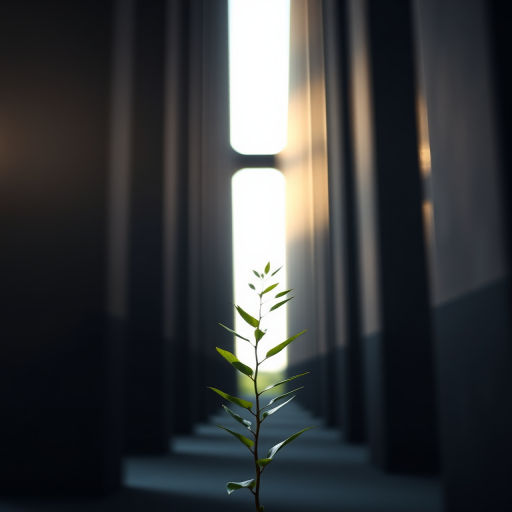 Capture a minimalist shot of a single green plant growing between dark vertical pillars in soft morning light, using a DSLR camera with a 50mm lens, aperture set to f/1.8 for shallow depth of field, ISO 100 for sharpness, and a low-angle perspective for dramatic effect.