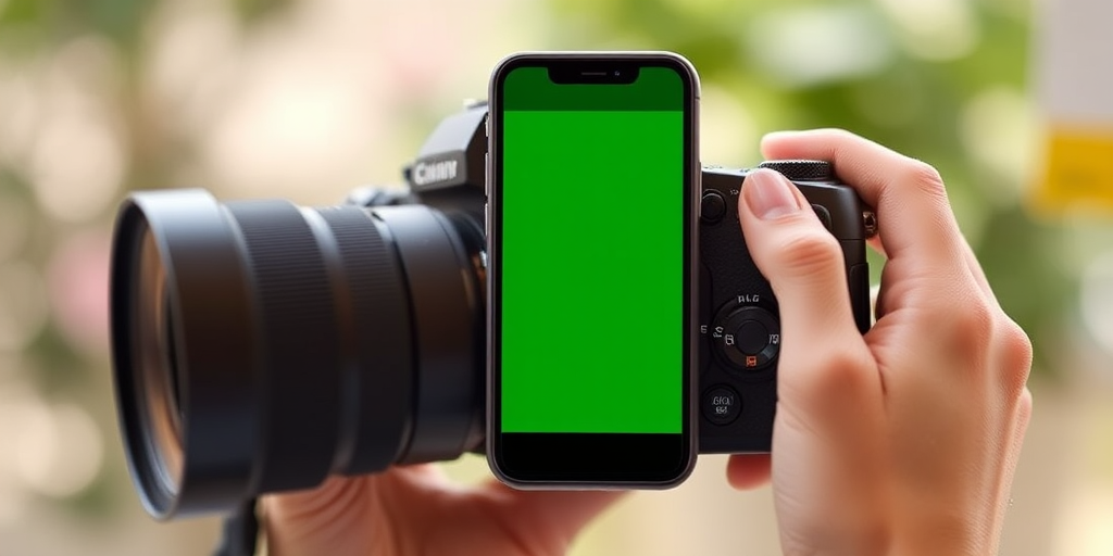 Create an image of a smartphone with a blank green screen, shot with a DSLR camera at f/2.8 aperture, ISO 100, 50mm lens, in portrait orientation, with soft natural lighting to enhance colors and clarity.