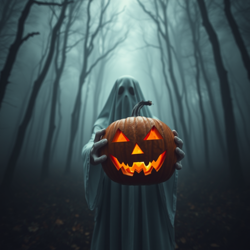 Create a spooky scene featuring a ghostly figure holding a carved pumpkin in a foggy forest, use a DSLR camera with an aperture of f/2.8, ISO 100, 50mm lens, low-angle view, in a moody, atmospheric style to enhance depth and detail.