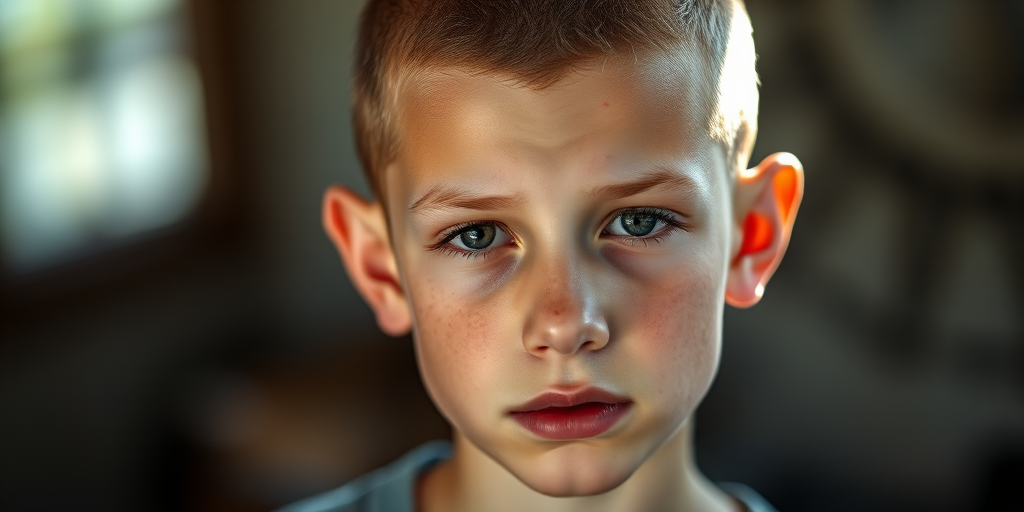 portrait of a young person with a shaved head in soft natural light, captured with a Canon EOS R5 at f/1.8, ISO 100, with a 50mm lens, shallow depth of field and a focus on facial features, style emphasizing emotional expression and raw realism