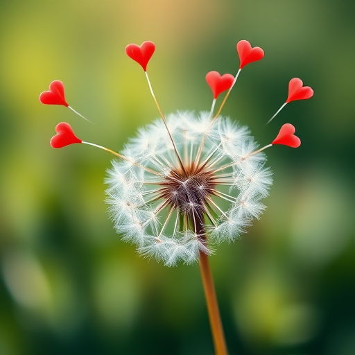 Create a vibrant illustration of a dandelion with red heart-shaped seeds dispersing in a gentle breeze, using a macro lens setting at f/2.8, 50mm focal length, with a shallow depth of field to enhance the detail and softness of the background, in a high-resolution digital art style.