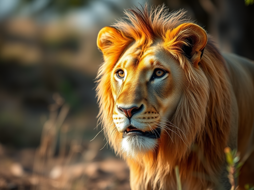 Regenerate an image of a lion with a shallow depth of field, 50mm lens, f/1.8 aperture, ISO 200, natural light, captured at eye level in a wildlife photography style.