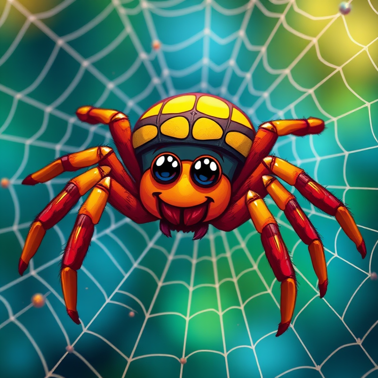 Create a vibrant illustration of a cartoon spider and a large, detailed spider web, with a focus on the textures of the web, using a Canon EOS R5, f/8 aperture, 50mm lens, ISO 100, in high dynamic range for enhanced colors and sharpness.