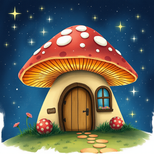 create illustration of a mushroom house with a door and a window, a storybook , fantasy art, mushroom house, bg starry sky, sparkles