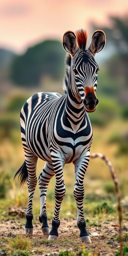 Generate an image of a zebra standing gracefully, captured with a Canon EOS R5, ISO 100, f/4 aperture, 50mm lens, in a natural setting with soft lighting and vibrant colors.