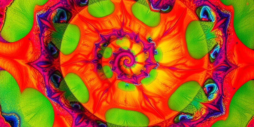 Create a vivid abstract pattern resembling a colorful spiral with vibrant textures using a DSLR camera, f/4 aperture, 50mm lens, ISO 200, and soft natural lighting for enhanced clarity and depth.