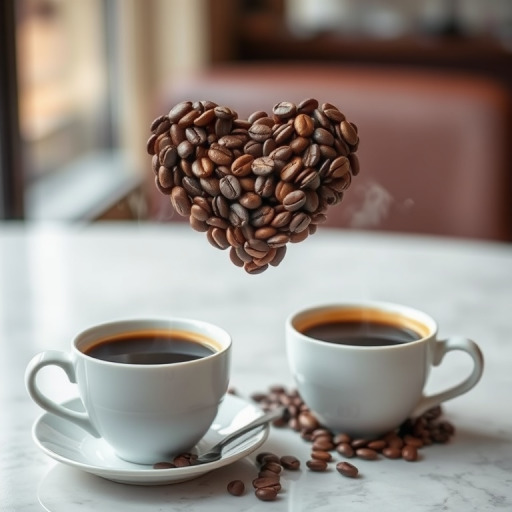 A heart made of coffee beans hovering above two steaming coffee cups in an elegant setting, soft focus, shallow depth of field, ISO 100, aperture f/2.8, focal length 50mm, natural lighting, DSLR camera.