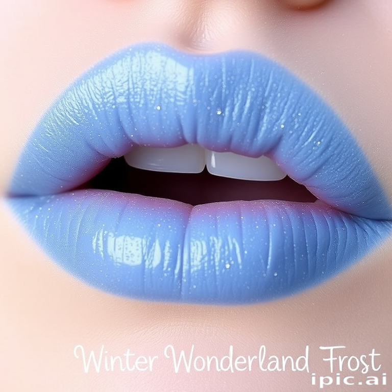 Frosted periwinkle blue lips with a cool, icy sheen and tiny silver glitter particles, called "Winter Wonderland Frost"