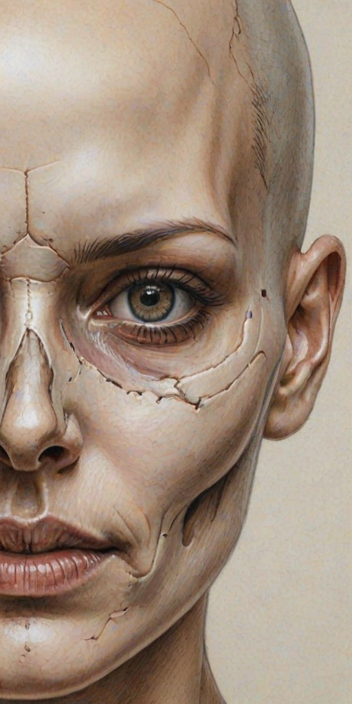 Detailed realistic drawing of the face of a woman facing the viewer but the left half of her face is skull while the right side of her face is normal. She has no hair on the left side of her face only a skull and also her eye-socket is hollow on the left side