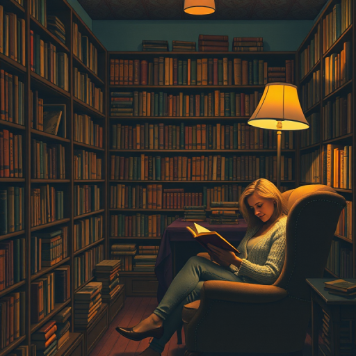 Quiet bookstore at dusk, shelves filled with well-worn books, a woman in a cardigan sits in a plush armchair, reading under the soft glow of a vintage lamp, the smell of old paper thick in the air.
