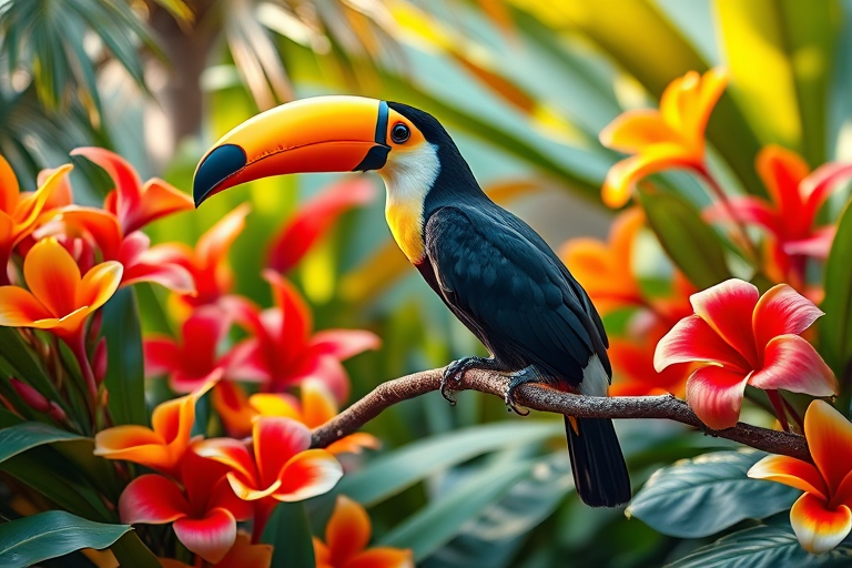 Generate a vibrant tropical scene featuring a toucan perched on a branch amidst colorful flowers and lush foliage, shot with a Canon EOS R5 at f/2.8, ISO 200, 50mm lens in a macro style for enhanced detail and depth, using natural light for a warm atmosphere.