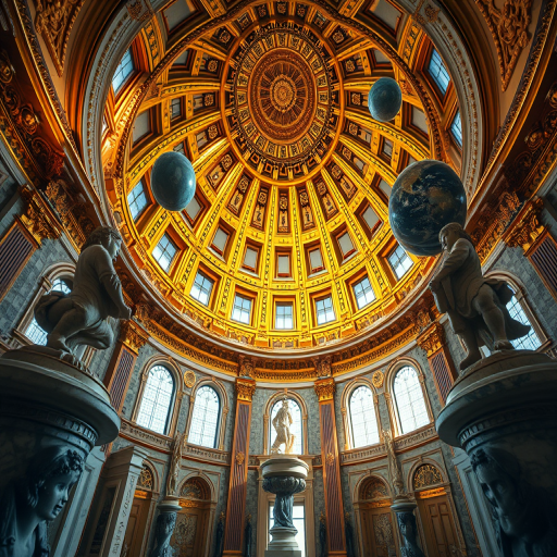 Regenerate an opulent indoor scene of a golden ornate observatory dome, delicate marble sculptures, and floating celestial orbs, capturing intricate details; camera settings: f/2.8, ISO 100, 1/60s; camera view: wide-angle, focal length 24mm; camera style: high dynamic range photography; camera type: full-frame DSLR.