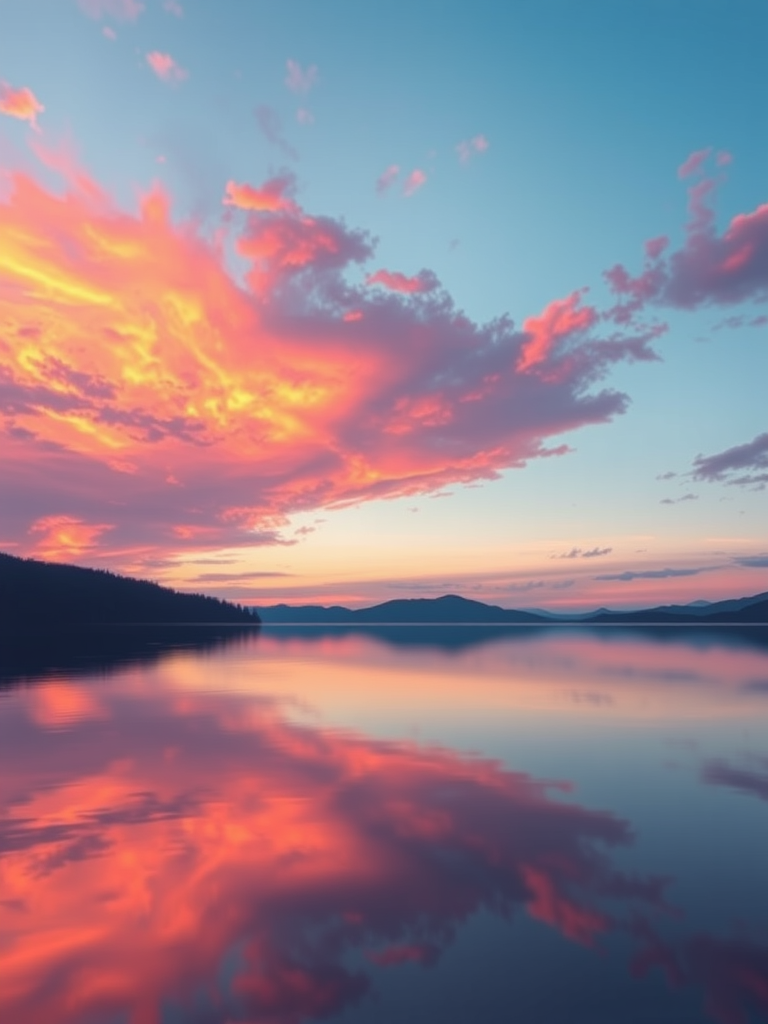 Create a high-resolution digital illustration of a serene sunset over a calm lake, capturing vibrant orange and pink hues in the sky, with a reflection on the water, shot with a DSLR camera, 50mm lens, f/1.8 aperture, ISO 100, 1/200 sec exposure, landscape orientation.