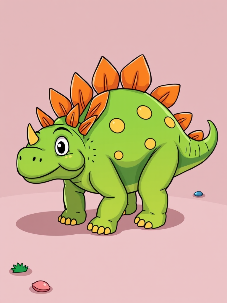 Create a detailed illustration of a cartoon dinosaur resembling a stegosaurus, featuring a round green body and prominent orange spikes, in high resolution with a vibrant color palette, using a Canon EOS R5 camera at f/8, ISO 100, 24mm lens, wide-angle view for enhanced clarity and depth.
