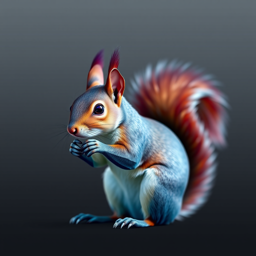 Create a high-resolution 3D polygonal art representation of a squirrel, captured with a DSLR camera, f/2.8 aperture, 35mm lens, low light setting, focused on vivid color gradients and sharp geometric edges, against a smooth gradient background.