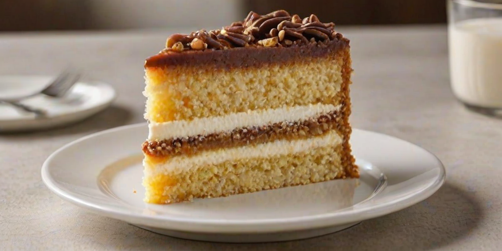 Generate an image of a slice of layered cake. The cake should have three distinct layers: a light yellow sponge cake, a creamy filling, and a fluffy white frosting. The top should be decorated with a crunchy caramelized topping, and the slice should be presented on a white plate. The background should be softly blurred to emphasize the cake.
