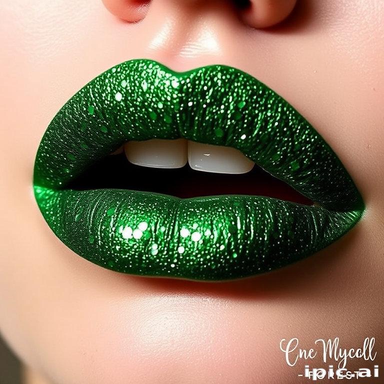 Glittery emerald green lips with a sparkling finish, dubbed "Enchanted Forest," display a daring color choice and multi-dimensional shimmer for a magical appearance