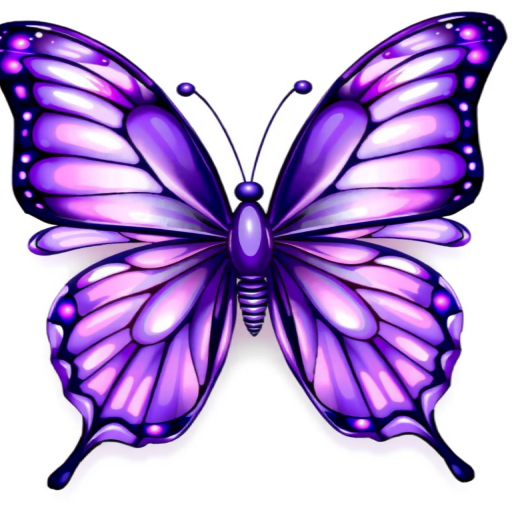 Create an illustration of a vibrant butterfly with intricate purple wings featuring various shades and patterns. The butterfly should be symmetrical, with a glossy appearance and delicate details, set against a clean, white background.
