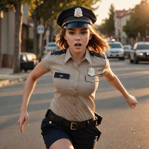 beautiful girl, beautiful face, running, angry,  cute body type, police cap, police, cop, police uniform, Beige, Blunt Cut,   Golden Hour Lighting,  Rule of thirds composition, ultra high res, masterpiece, (photorealistic:1.4), 1girl, cute