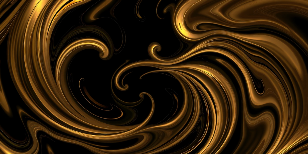 A swirling abstract pattern with flowing lines in shades of gold and brown on a black background, captured with a DSLR camera, 50mm lens, f/1.8 aperture, ISO 100, 1/60 sec shutter speed, high dynamic range for enhanced detail and clarity.