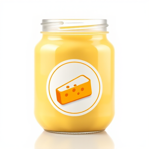 Create a high-resolution vector graphic of a jar filled with a creamy yellow substance, showcasing a minimalist design with a smooth surface, large label featuring a cheese wedge icon, using digital art techniques, focus on vibrant colors, sharp edges, and a transparent background, simulating a professional photography style with a Canon EOS 5D Mark IV, aperture set at f/2.8, ISO 100, focal length 50mm, with soft lighting to enhance reflections and depth.