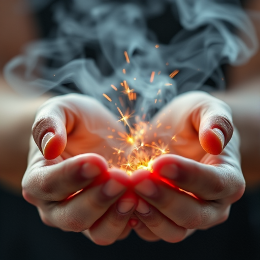 A pair of hands cupping glowing particles and smoke, with a macro lens at f/1.8, shutter speed 1/250s, ISO 100, captured in soft natural light, focusing on the vibrant sparks and ethereal mist, using a digital DSLR camera.