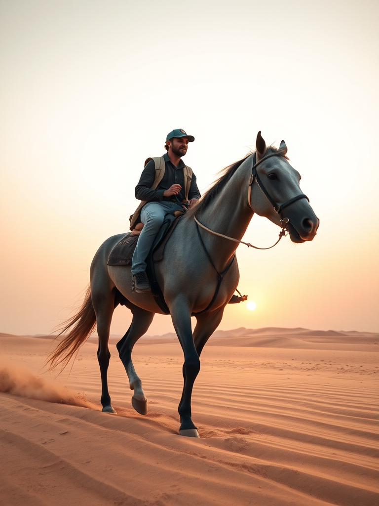 A man riding a gray horse on a sandy desert landscape at sunset, with soft lighting and a smooth gradient sky, captured with a DSLR camera at f/2.8, ISO 100, 1/500 sec, shot from a low angle to emphasize the horse's movement and the vastness of the desert.