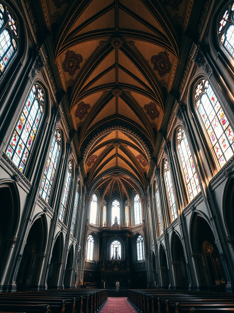 interior of a historic church with ornate decorations and soft sunlight streaming through stained glass windows, wide-angle view, high dynamic range, f/8 aperture, ISO 100, 24mm lens, DSLR camera, natural lighting