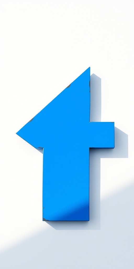 Create a high-resolution image of a large blue arrow pointing left, using a Canon EOS R5 with a 50mm f/1.2 lens, aperture set to f/2.8, ISO 100, shot in natural light to enhance clarity and colors, against a simple white background for contrast.