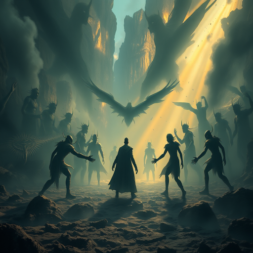 Create a surreal scene of a mythical confrontation between a central figure and ethereal beings amidst a sea of shadowy forms, set in an otherworldly landscape with dramatic lighting and intricate details, taken with a Canon EOS R5 at ISO 100, f/8, 24mm lens, 1/60 sec shutter speed, using a wide-angle perspective to capture the depth and intensity of the scene.