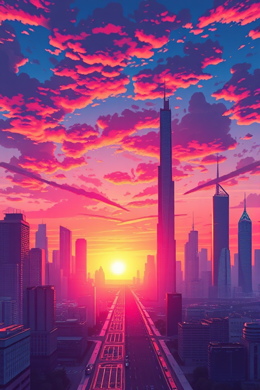 Generate an illustration of a futuristic city skyline at sunset with vibrant colors, high dynamic range, using a DSLR camera at f/8 aperture, ISO 100, and a 24mm lens, capturing a panoramic view with a wide-angle perspective.