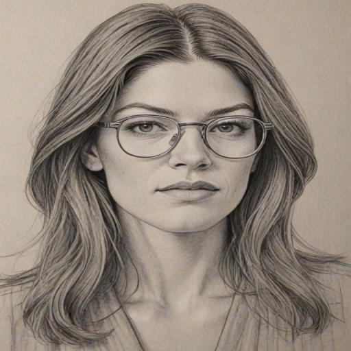 Graceful Jennifer Carpenter, pencil sketch, portrait of Pleasing woman 1977s in glasses, hair style beatnik, outline, clear lines, fine lines, 8k