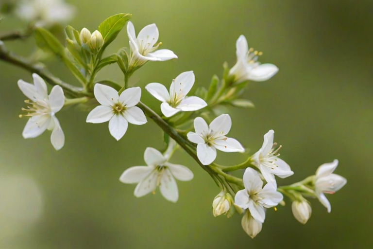 a close-up photograph of delicate white flowers blooming on a green leafy branch in soft focus with a blurred green background