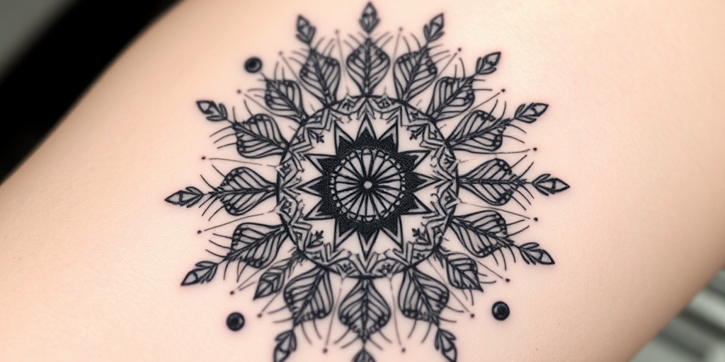 Delicate blackwork mandala tattoo called "Sacred Geometry" showcasing intricate repeating patterns radiating from a central point with varying line weights and dotwork shading