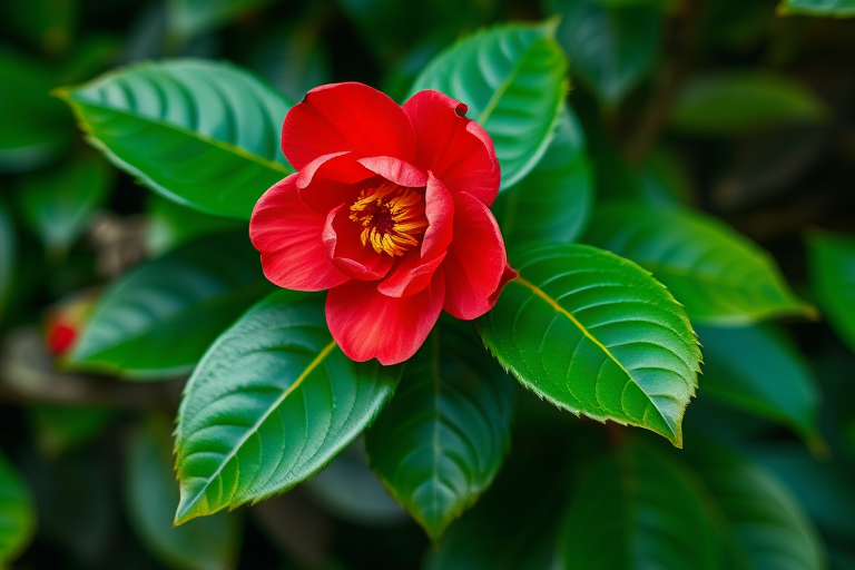 A detailed illustration of a vibrant red camellia flower with lush green leaves, captured using a Canon EOS 5D Mark IV, 50mm lens, aperture f/2.8, ISO 100, with a soft focus background and natural light to enhance the colors and textures.